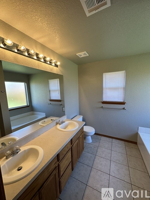 A bathroom with two sinks and a toilet.