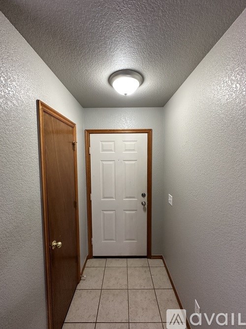 A hallway with a white door and a brown door.