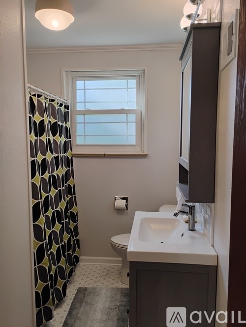 A bathroom with a sink, toilet and shower curtain.
