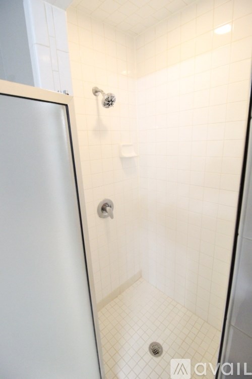 A white tiled shower with a glass door.