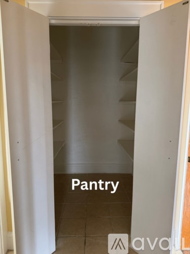 A pantry with a white door is open.