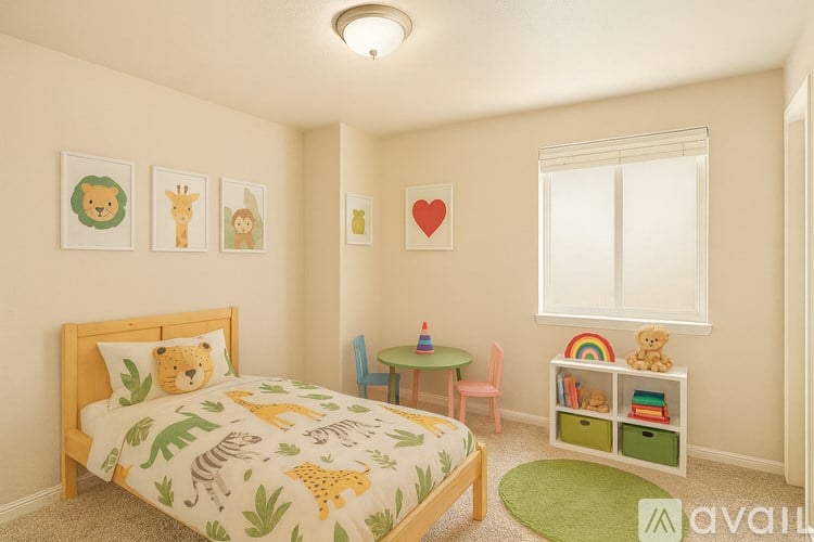A child's bedroom with a bed, a chair, a table, a window, and a bookshelf.