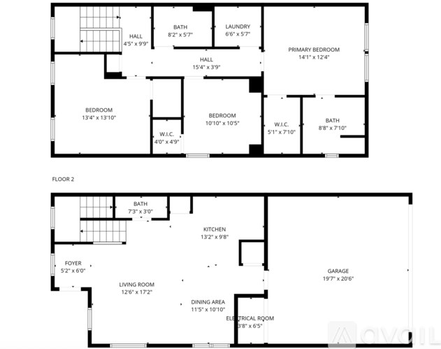 A floor plan of a two-story house with labeled rooms and dimensions.