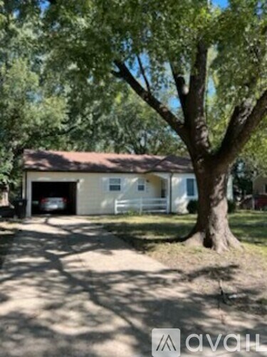 A tree in front of a house with a car in the driveway.