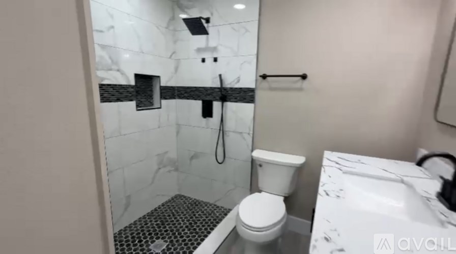 A bathroom with a white toilet and a marble shower.