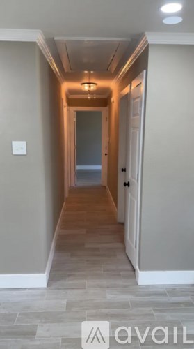 A hallway with a light on the ceiling and a door at the end.