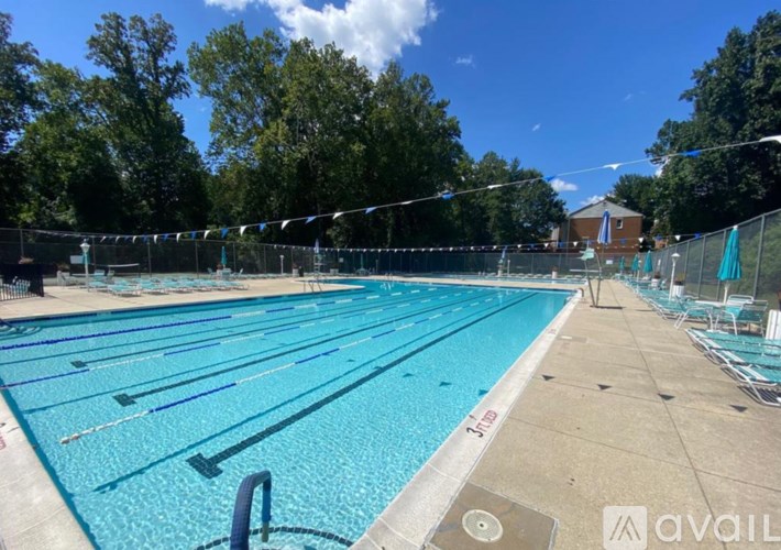 A large outdoor swimming pool with blue lanes and a diving board.