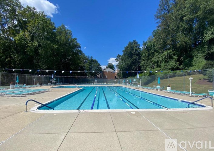 A large outdoor swimming pool surrounded by trees and a fence.