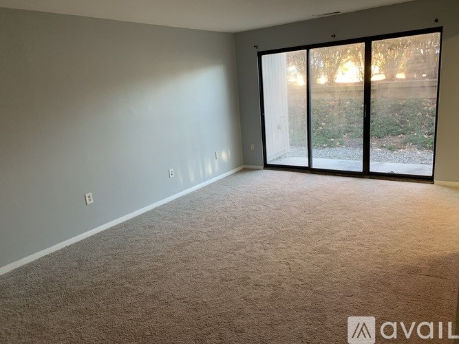 A room with carpeted floor and a large window with a view of a yard.