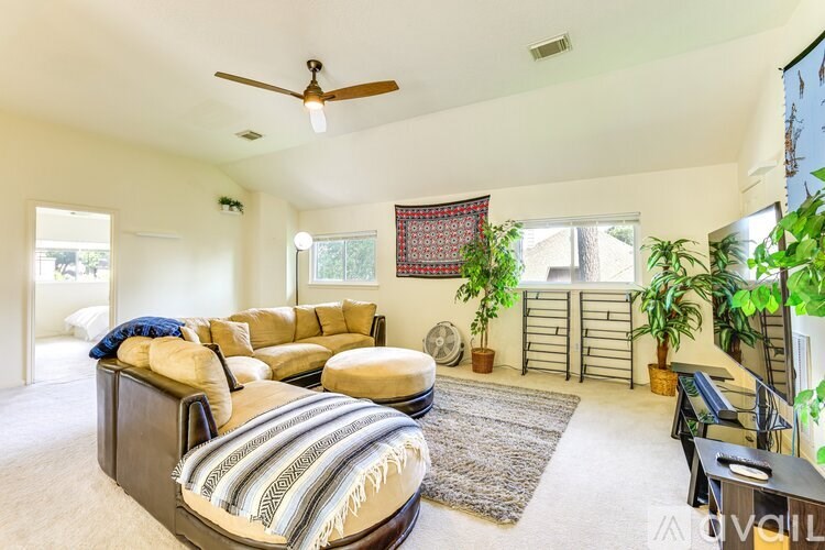 A living room with a couch, a rug, and a ceiling fan.