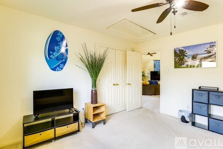 A living room with a flat screen TV and a ceiling fan.
