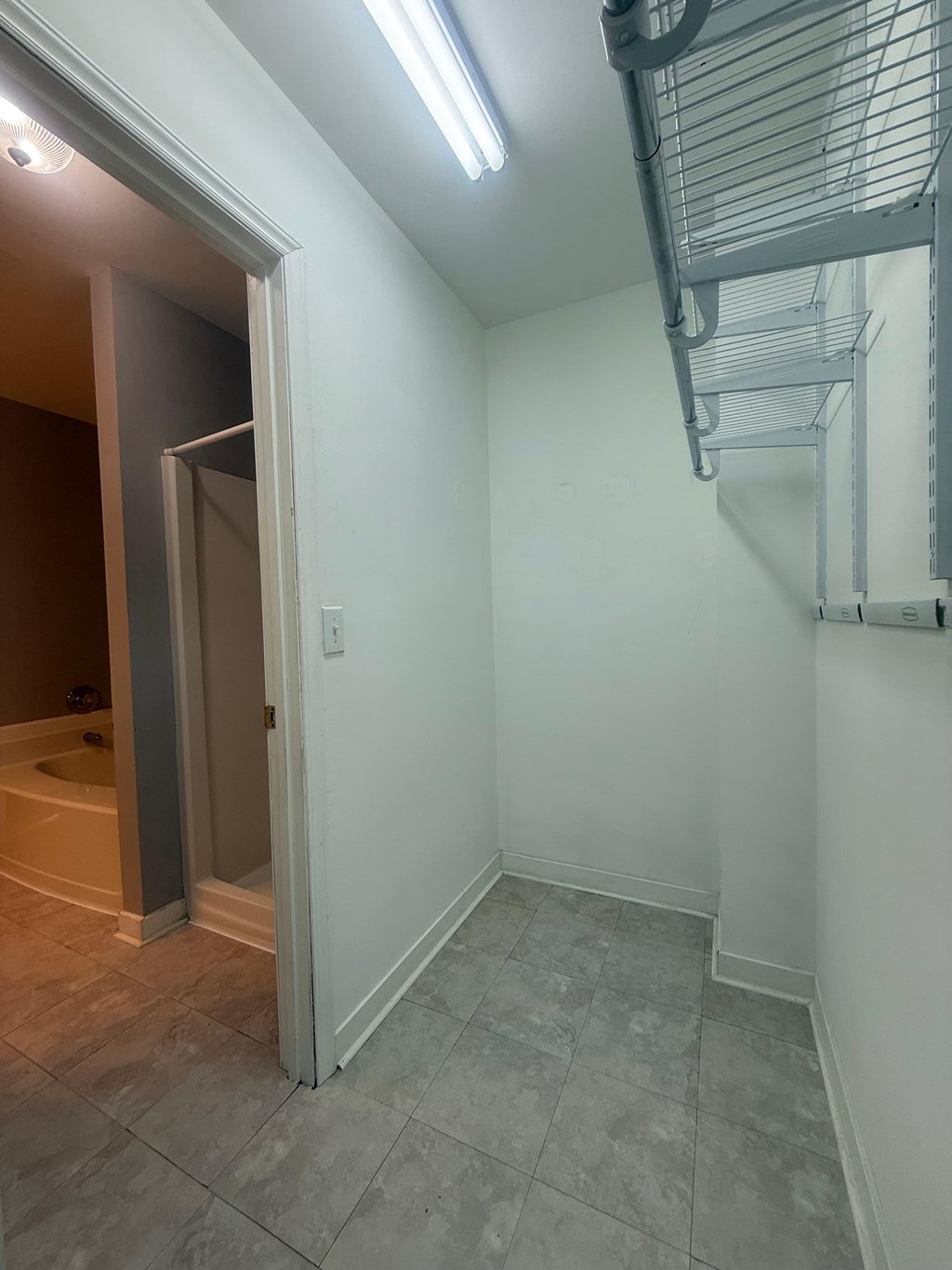 A room with a walk in shower and a metal shelving unit.