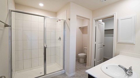 A white bathroom with a walk-in shower and a sink.