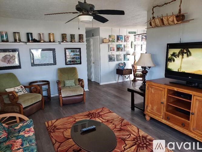 A living room with a ceiling fan, a couch, a chair, a coffee table, and a television.