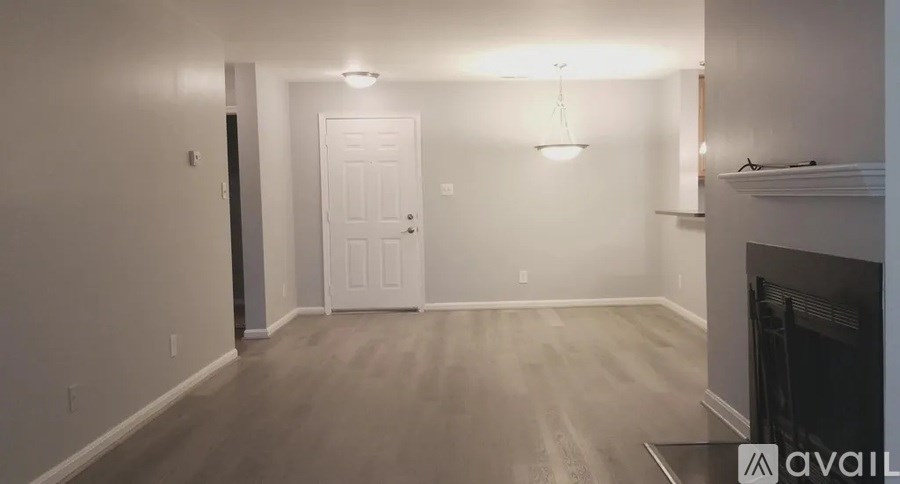 A room with a fireplace and a door in the background.