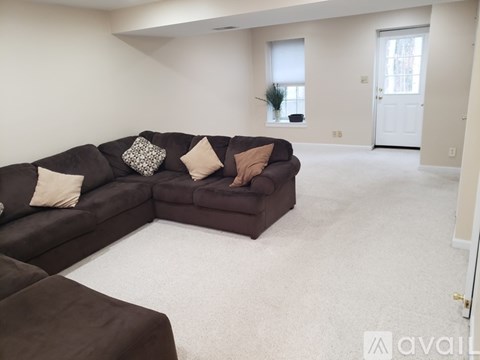 A living room with a brown couch and a white rug.
