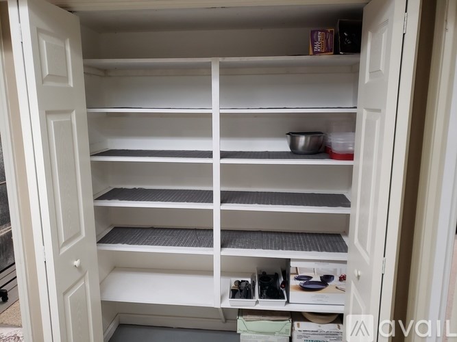 Empty white shelves in a pantry.