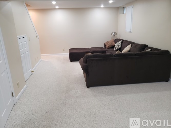 A living room with two couches and a carpeted floor.