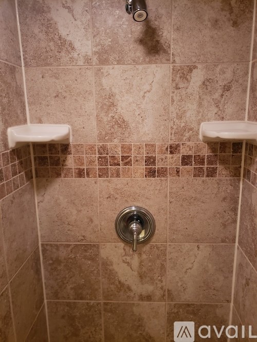 A shower with a wall of tiles and a shower head.