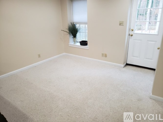 A room with a carpeted floor, a door, and a window with a plant on the windowsill.