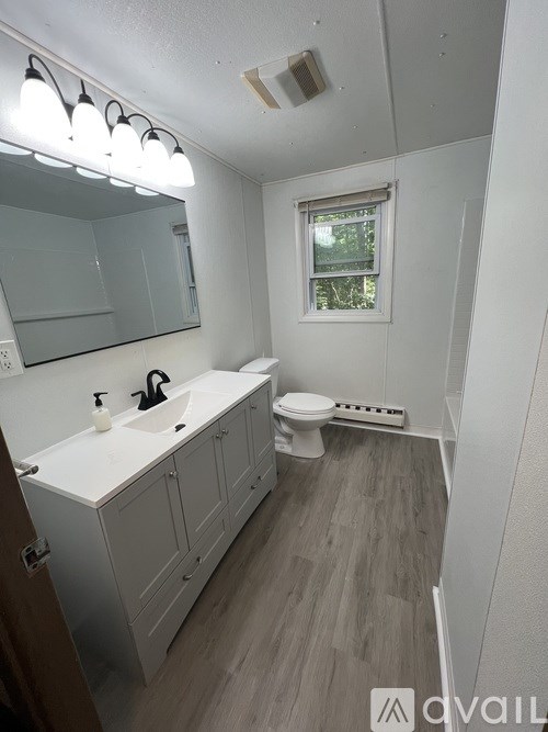 A bathroom with a toilet, sink, and mirror.