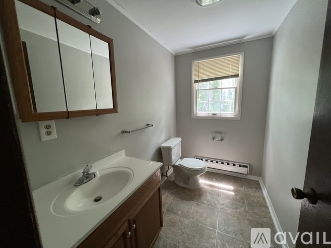A bathroom with a sink, toilet, and window.