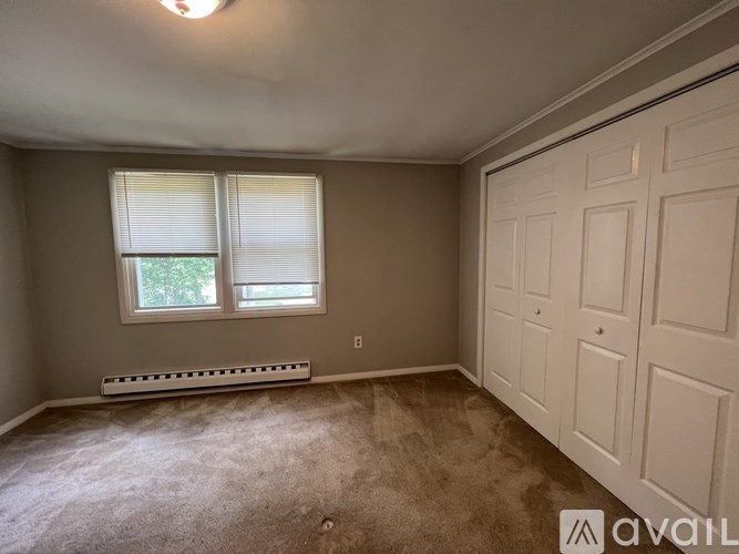 A room with a window, a carpet, and a wall heater.
