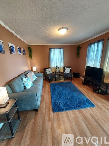 A living room with a grey couch, a blue rug, and a television.
