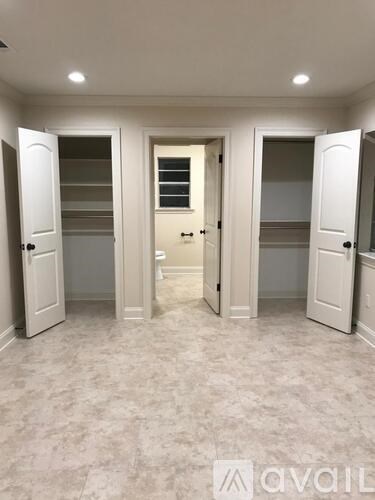 A room with a carpeted floor and three open doors.