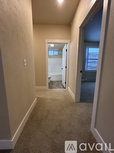 A hallway with a carpeted floor and a door at the end.