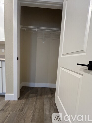 A white closet with a black handle and a white door.