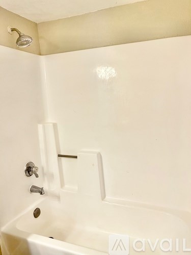 A white bathtub with a shower head and faucet.