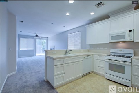 A kitchen with white cabinets and appliances, carpeted floor, and a window with blinds.