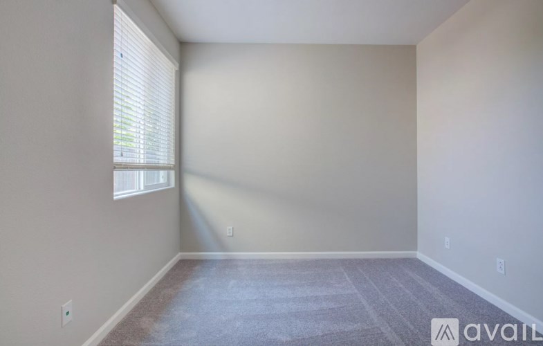 A room with a carpeted floor and a window with blinds.