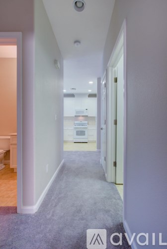 A hallway with a carpeted floor and white walls.