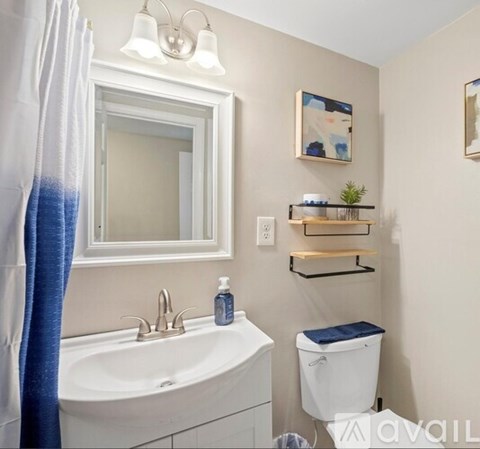 A bathroom with a white sink, toilet, and a mirror above the sink.