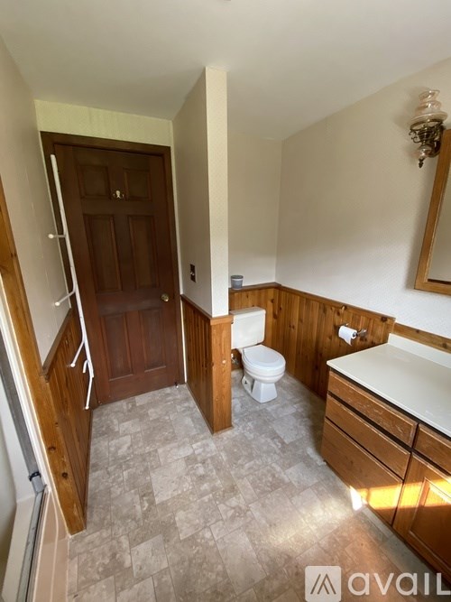 A bathroom with a toilet, sink, and wooden cabinets.