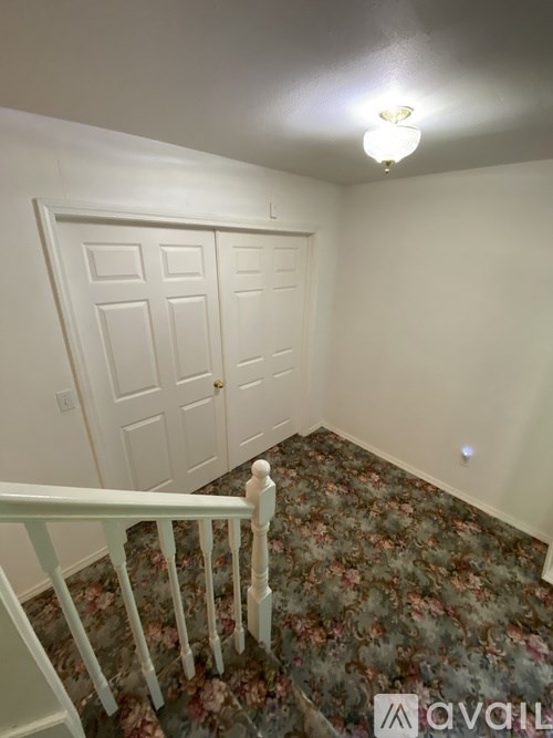 A room with a floral carpet and a white door.