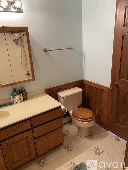 A bathroom with a toilet, sink, and mirror.
