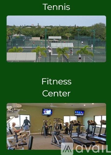 A fitness center with a variety of equipment and a tennis court in the background.