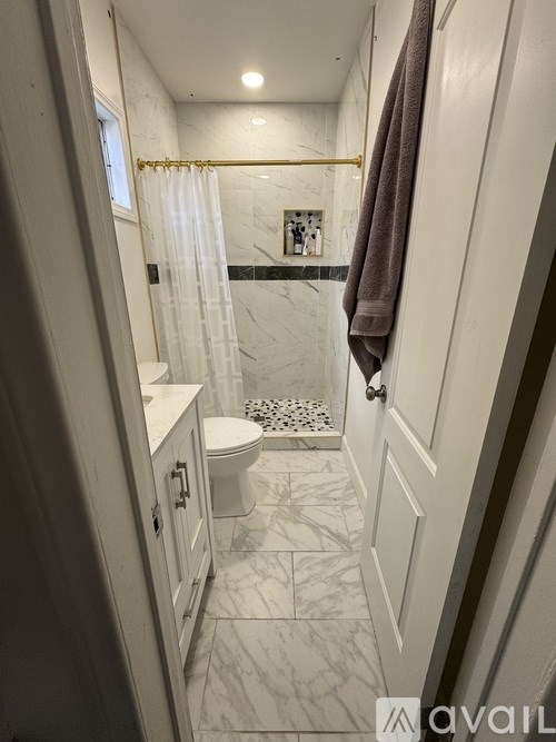 A bathroom with a toilet, a shower curtain, and a towel hanging on the door.