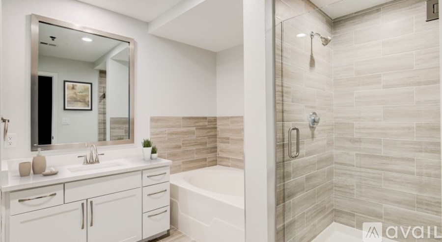 A bathroom with a white vanity and a walk-in shower.