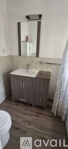 A bathroom with a white sink and a mirror above it.