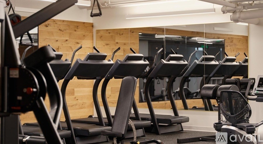 A row of treadmills in a gym.