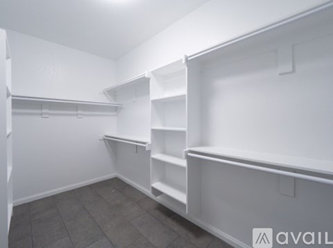 Empty white closet with shelves and grey carpet.