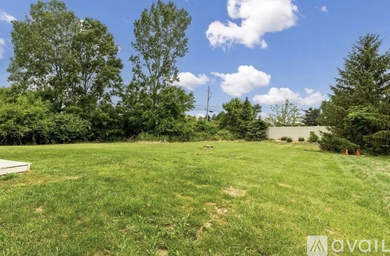 A grassy field with trees and a partly cloudy sky.