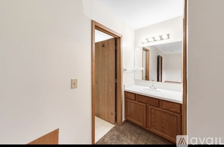 A bathroom with a wooden door and vanity.