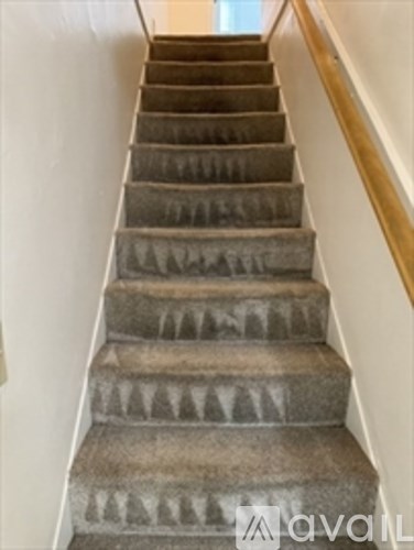 A staircase with a carpeted runner and wooden handrails.