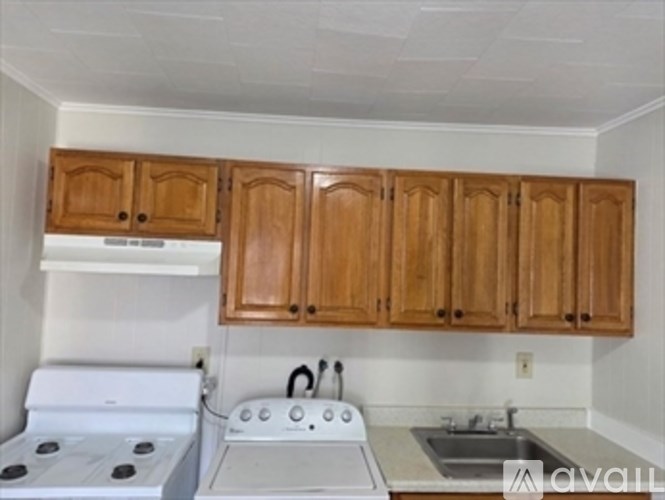 A kitchen with white appliances and wooden cabinets.
