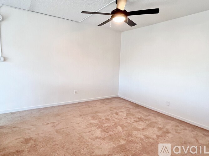 A room with a ceiling fan and carpeted floor.